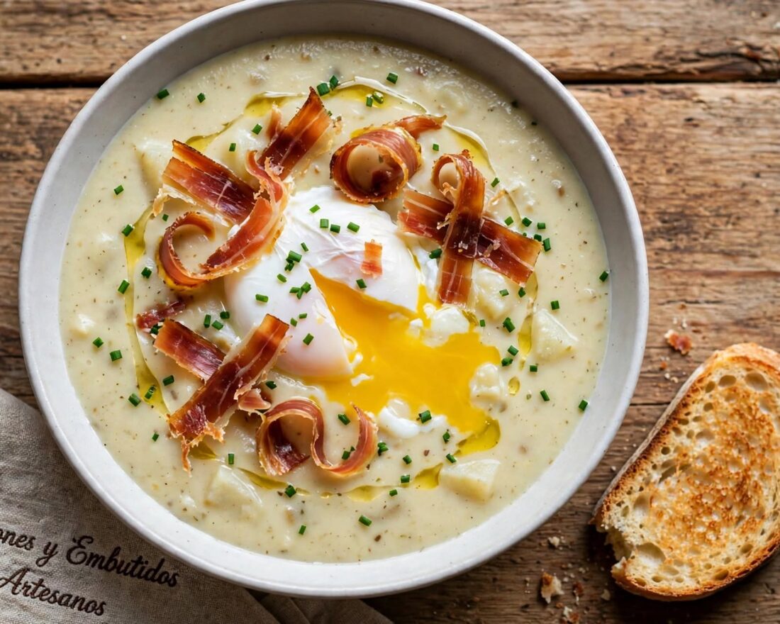Crema de patata trufada con huevo poché y virutas de jamón ibérico crujientes sobre mesa de madera rústica