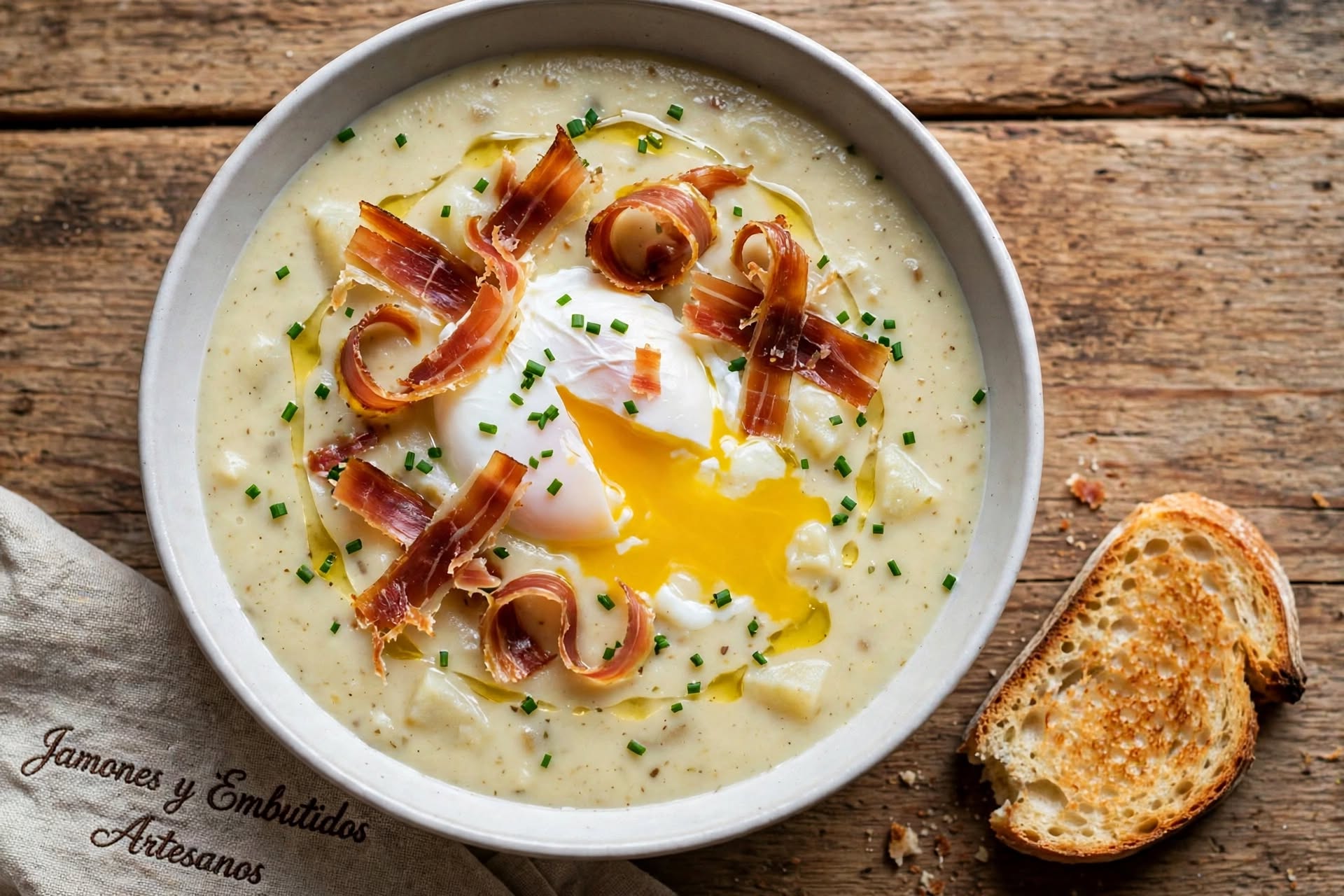 Crema de patata trufada con huevo poché y virutas de jamón ibérico crujientes sobre mesa de madera rústica